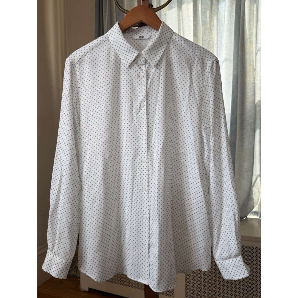 Uniqlo Women's L White Black Polka Dot Crepe Rayon Collared Long Sleeve Blouse